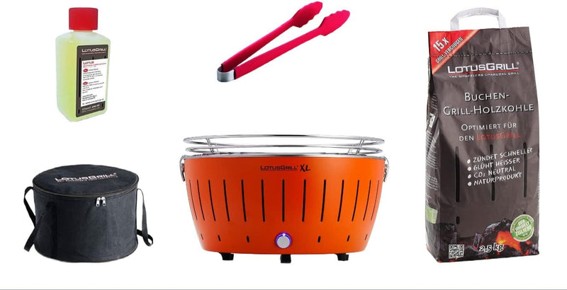LotusGrill XL Starter-Set 1x XL Grill Mandarinenorange mit USB-Anschluss, 1x Buchenholzkohle 2,5 kg,