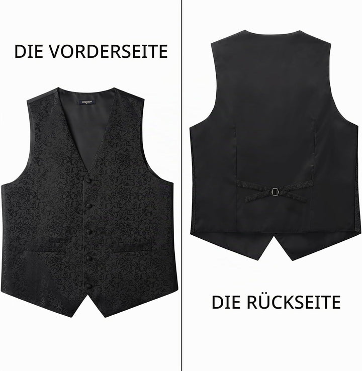 HISDERN Paisley Anzugweste für Herren Schwarz Hochzeit Weste Krawatte Einstecktuch Taschentuch Jacqu