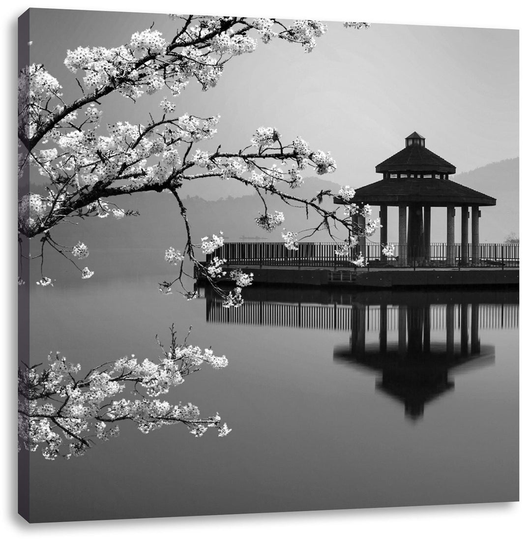 Pixxprint Kirschbaum an See als Leinwandbild/Grösse: 70x70 cm/Wandbild/Kunstdruck/fertig bespannt, 7