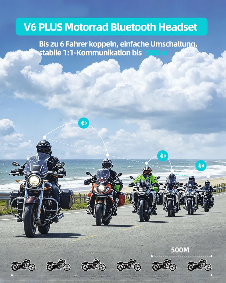 BLAISE V6 Plus Motorrad Bluetooth Headset, Helm Kommunikationssystem für 2 bis zu 6 Personen in Reic