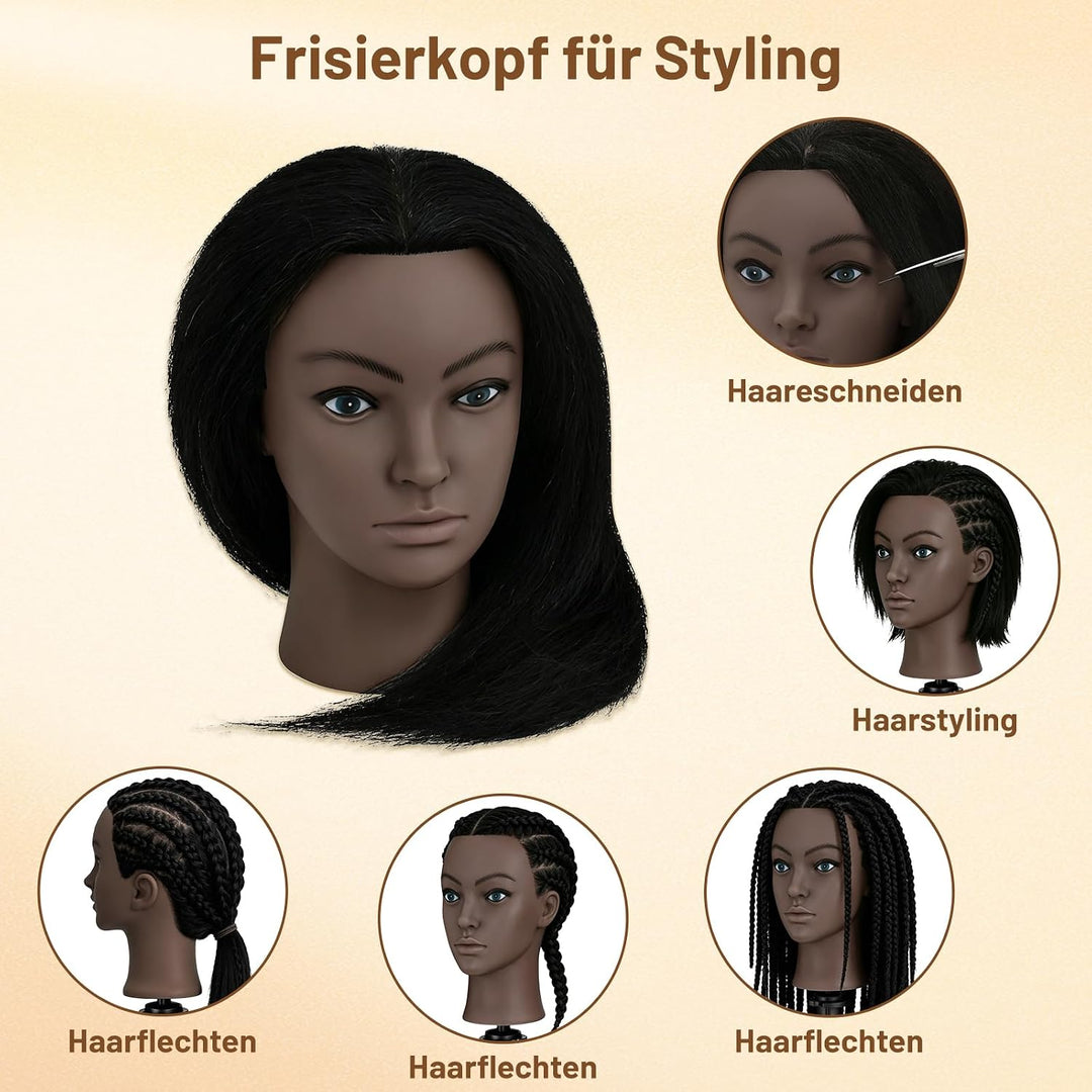 TwoWin 18 Zoll /45 cm Afro Trainingsköpfe für Friseure, Frisierkopf mit 100% Echthaar, Übungskopf Af