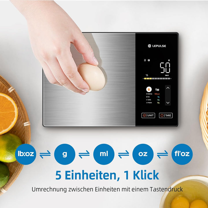 Digitale Küchenwaage mit Nährwertberechnung, Lebensmittelwaage mit 24 Nährwertanalyse, 5kg Edelstahl