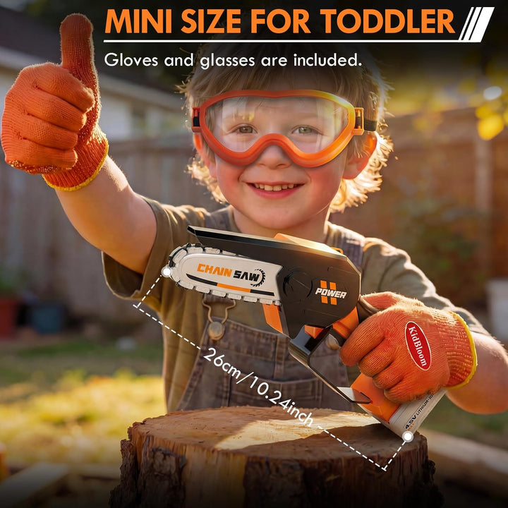 KidBloom Mini Kettensäge Kinder, Werkzeug Kinder mit Handschuhen und Schutzbrille, Geschenke Jungen
