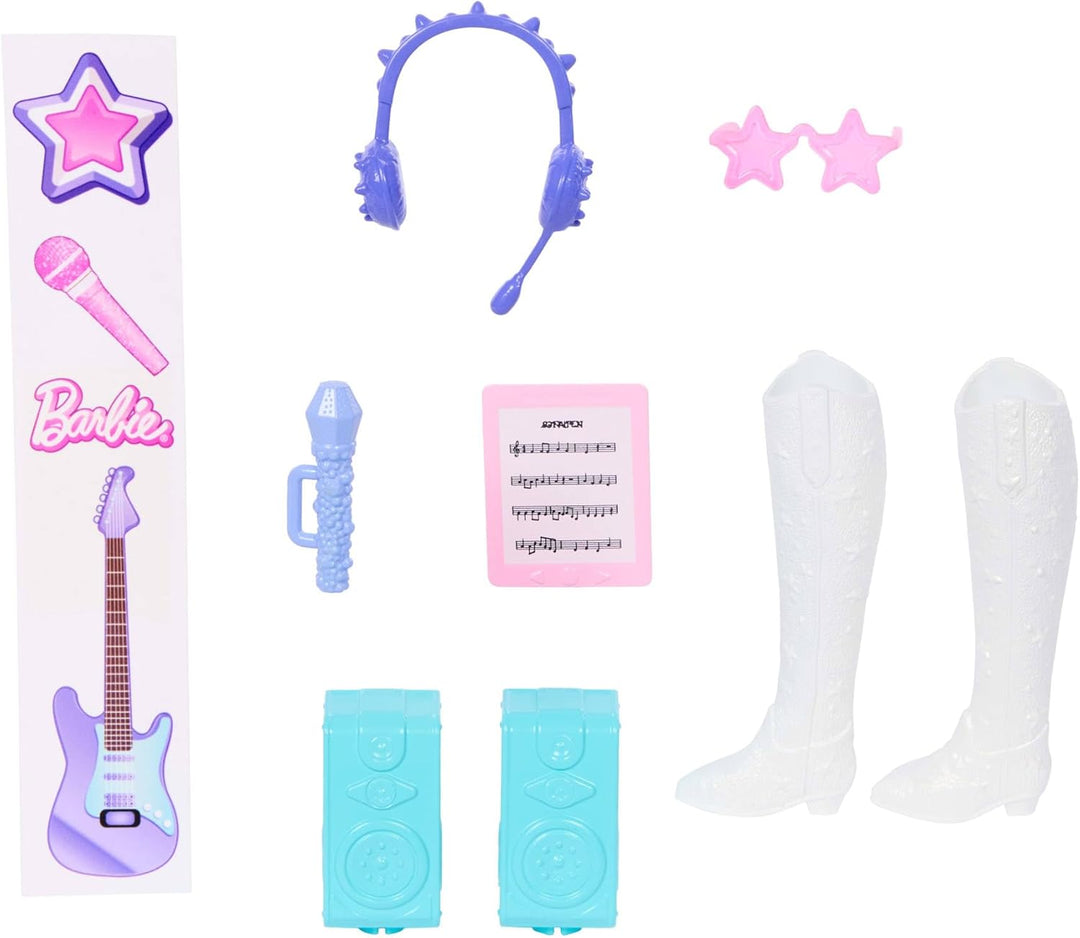 Barbie Team Roll & Reveal Popstar-Puppe und Zubehörteile mit Blonder Modepuppe, 8 Überraschungen und