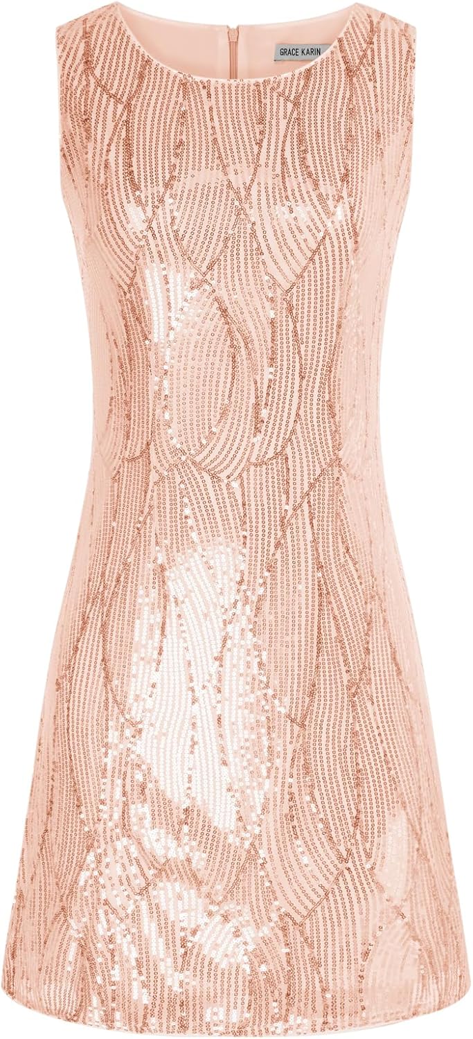 GRACE KARIN Damen Ärmelloses Rundhals Pailletten Cami Kleid Elegant Zweiteiler Tüll Cardigan Abendkl