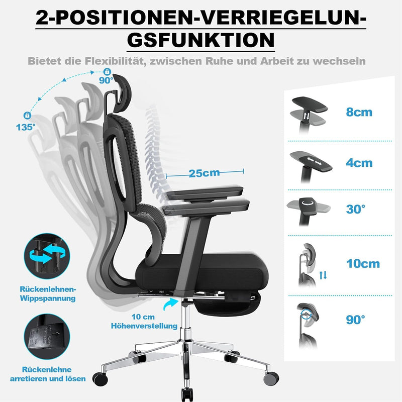 MELOKEA Ergonomischer Bürostuhl mit Fussstütze, 3D-Armlehnen, Hoher Rückenlehne, Automatischer Kippw