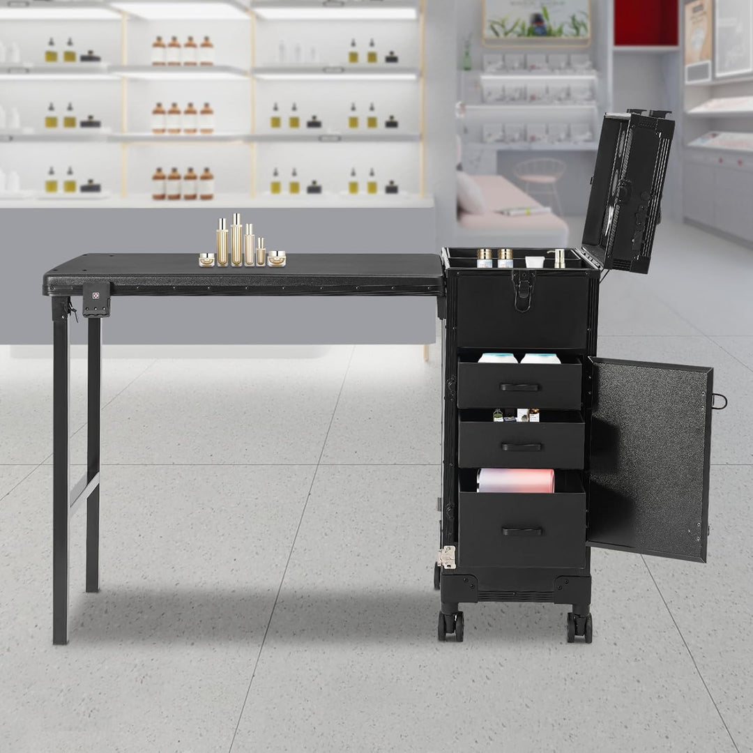 Professioneller Schminkkoffer mit Klappbarer Tisch, Rollender Friseurkoffer mit Spiegel & 3 Schublad