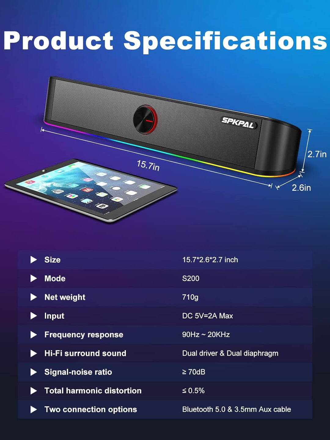 Soundbar für TV,SPKPAL10W Pc Lautsprecher soundbar mit Surround Stereo Audio Buntes RGB Licht USB äh