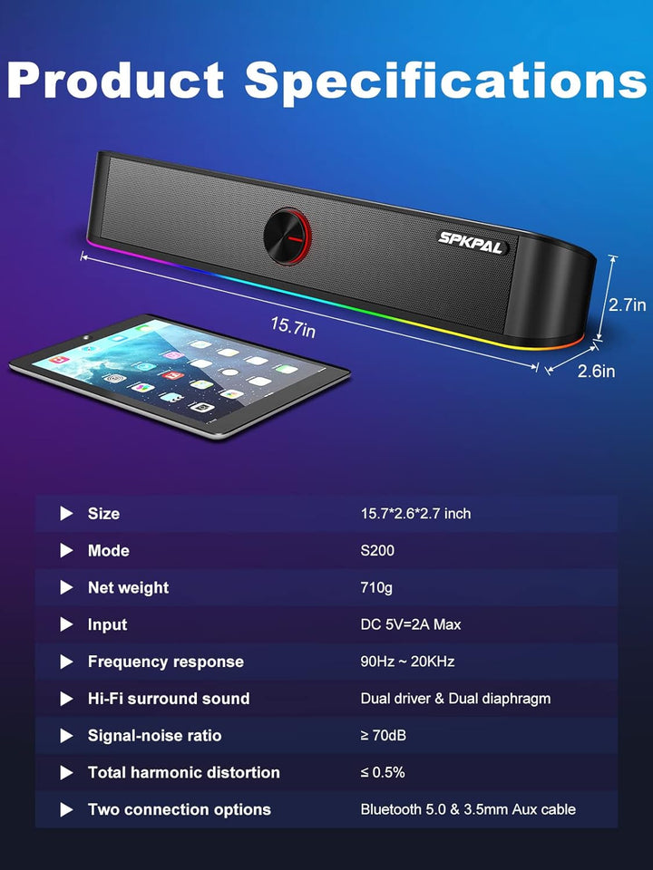Soundbar für TV,SPKPAL10W Pc Lautsprecher soundbar mit Surround Stereo Audio Buntes RGB Licht USB äh