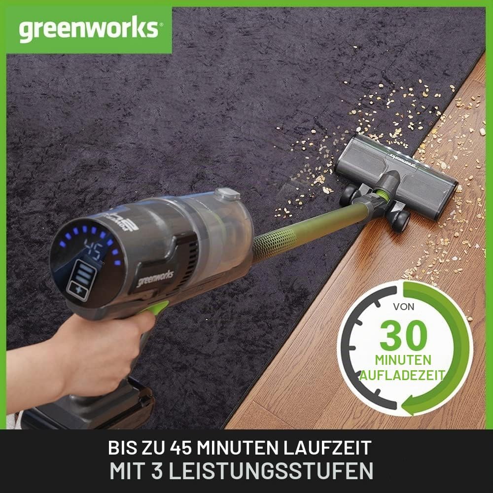 Greenworks Kabelloser Staubsauger, hohe Saugleistung, Hepa-Filter, Tierhaaraufsatz, 3 Leistungsstufe