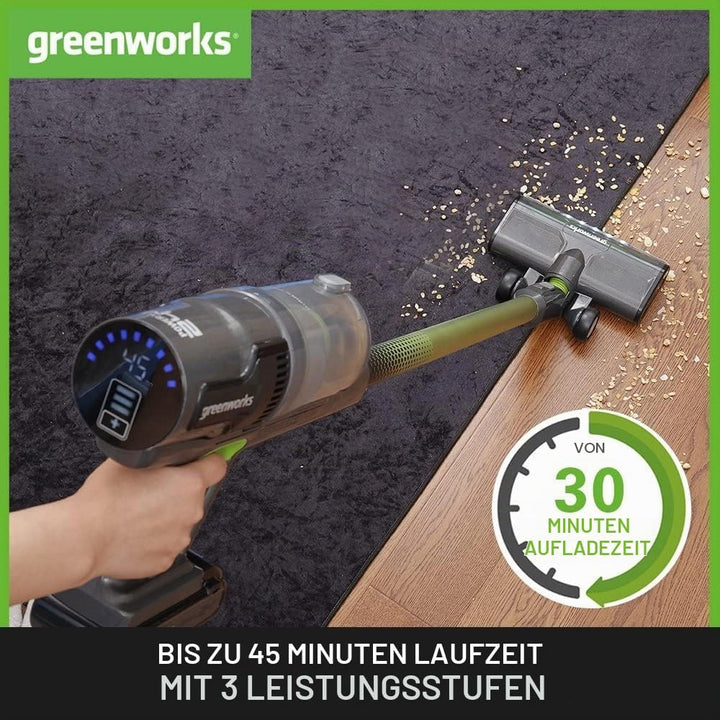 Greenworks Kabelloser Staubsauger, hohe Saugleistung, Hepa-Filter, Tierhaaraufsatz, 3 Leistungsstufe