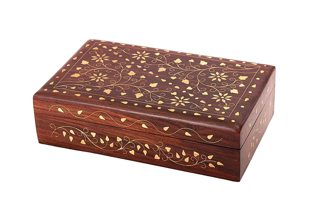 Ajuny Wooden Decorative Jewelry Storage Keepsake Box Organiser with Mughal Inspired Brass Inlay-8x5