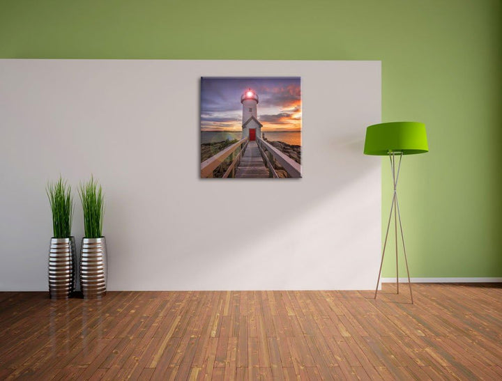 Pixxprint Leuchtturm bei Sonnenuntergang als Leinwandbild | Grösse: 70x70 cm | Wandbild | Kunstdruck