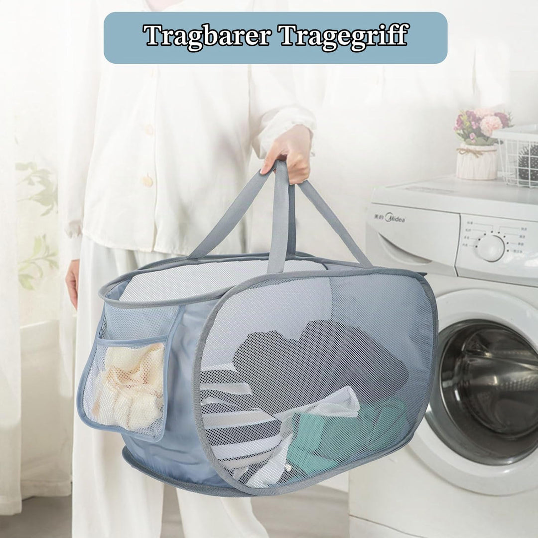 3er Set Pop-up Wäschekorb Faltbar, Laundry Baskets mit Henkel, Klappbarer Wäschesammler aus Mesh, fü