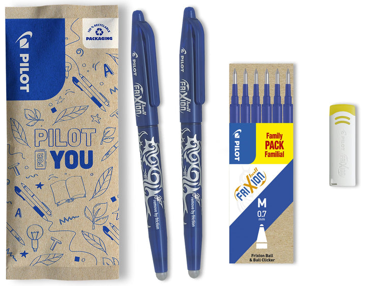 PILOT FriXion Ball 0.7 Set – 2 Stifte/6 Minen/1 Radierer – Farbe Blau – Radierbare Tintenroller 0,4m