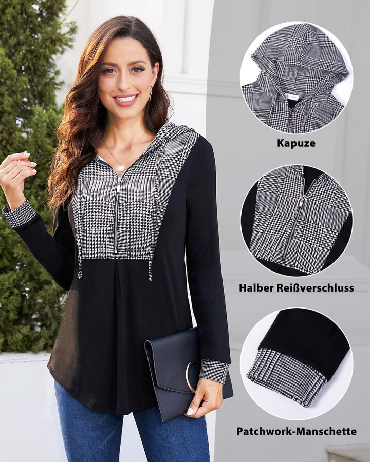 Siddhe Pullover Damen Hoodie 1/4 Zip Farbblock Sweatshirt Kapuzenpullover Tunika Langarm Oberteile M