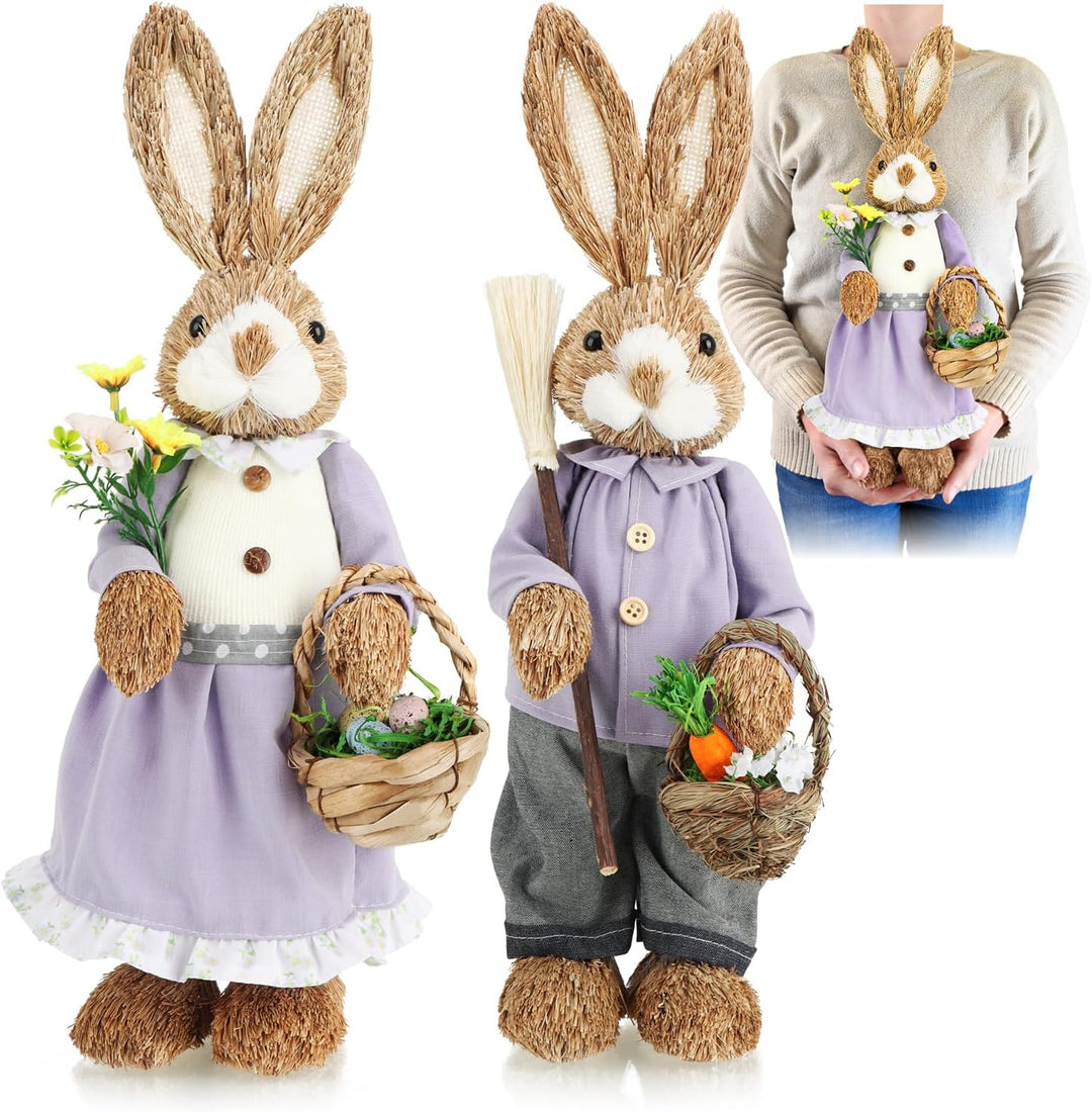 com-four® 2X XL Stroh Osterhase handgemacht - 44 cm Deko-Osterhase zur Osterdekoration - Strohfigure