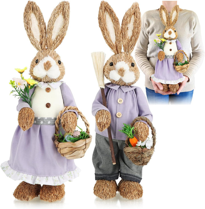 com-four® 2X XL Stroh Osterhase handgemacht - 44 cm Deko-Osterhase zur Osterdekoration - Strohfigure