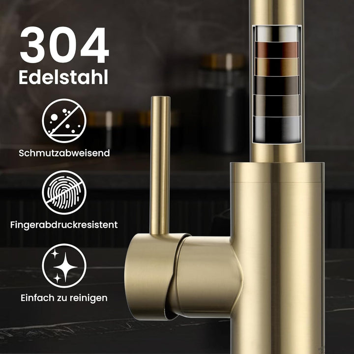 KPW Küchenarmatur Edelstahl Gold Gebürstet mit Herausziehbarer Brause – Spültischarmatur mit Hohem A