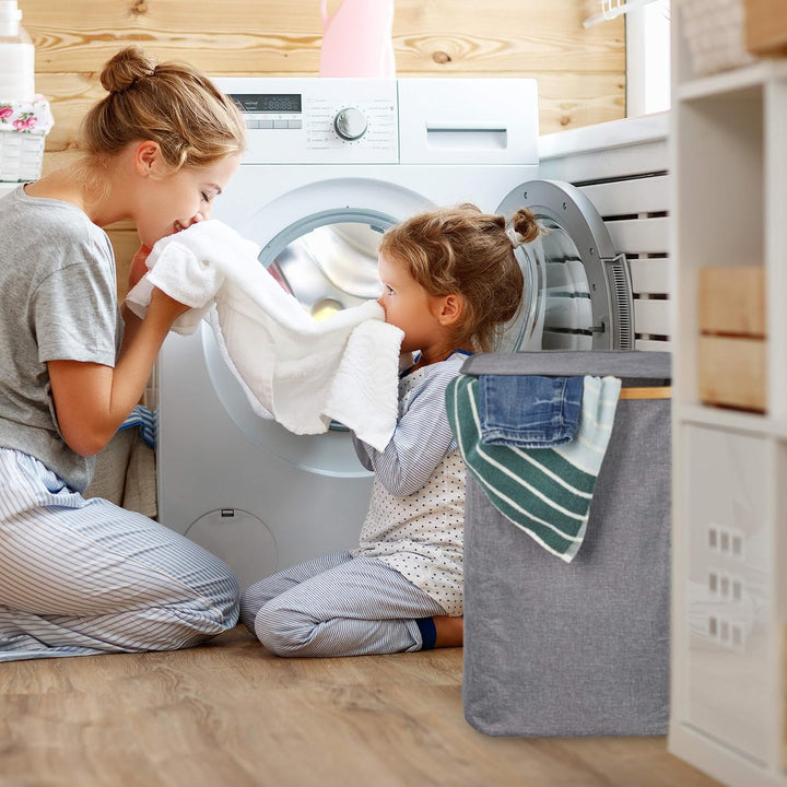 Relaxdays Wäschekorb mit Deckel, faltbarer Wäschesack, Bambus & Stoff, quadratische Wäschetonne, tra