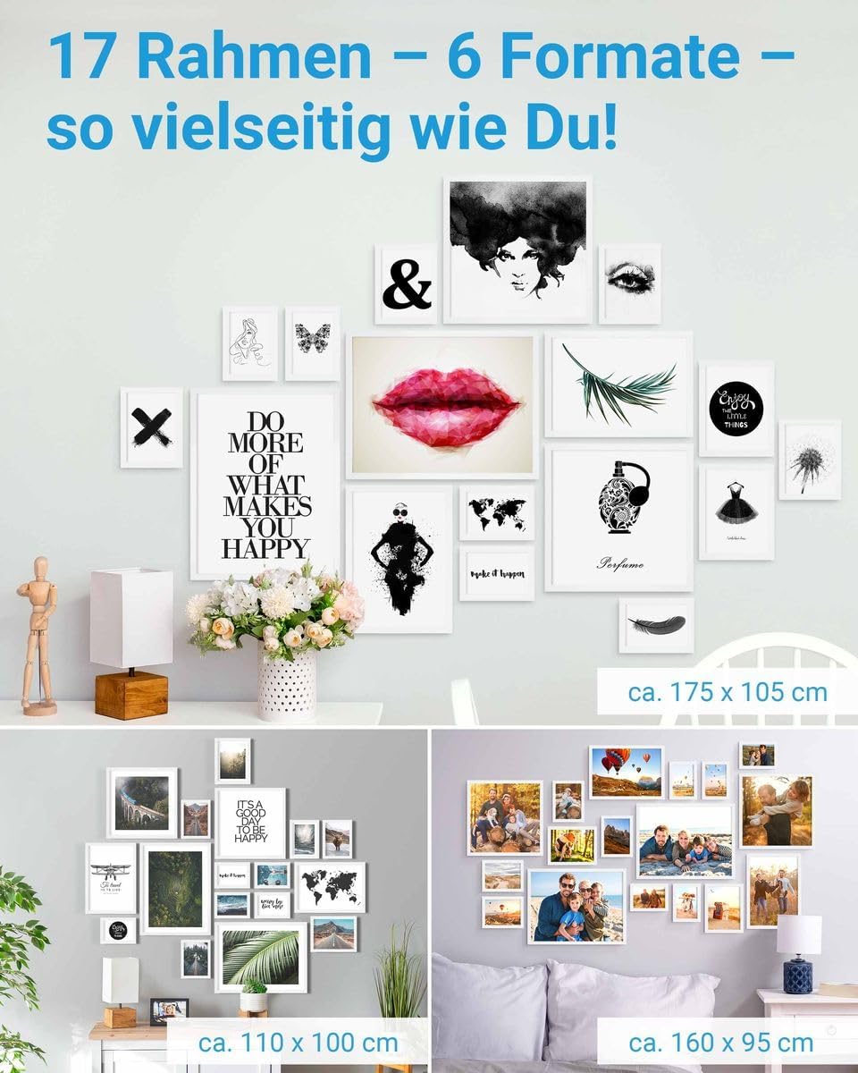PHOTOLINI weisse Bilderrahmen Set verschiedene Grössen, 17 Bilderrahmen weiss Holz MDF, Bilder Rahme