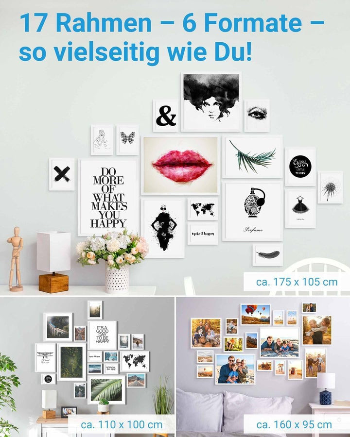PHOTOLINI weisse Bilderrahmen Set verschiedene Grössen, 17 Bilderrahmen weiss Holz MDF, Bilder Rahme