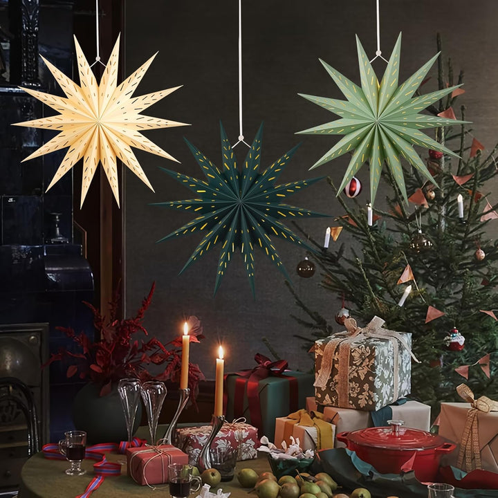 SUNBEAUTY 3er Set Papiersterne Beige 45cm Faltstern Weihnachten Deko Dunkelgrün 14 Zacken Salbeigrün