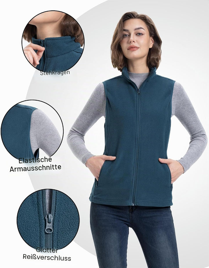 33,000ft Damen Fleece Weste Jacke Standkragen Ultraleicht Outdoor Westen Tops mit Taschen Reissversc