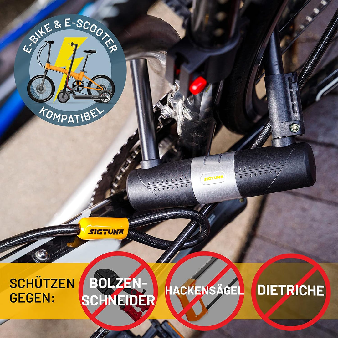 SIGTUNA Fahrradschloss - 16 mm Schweres Fahrrad Bügelschloss mit 1,2m Kabel fürs Rennrad, Mountainbi