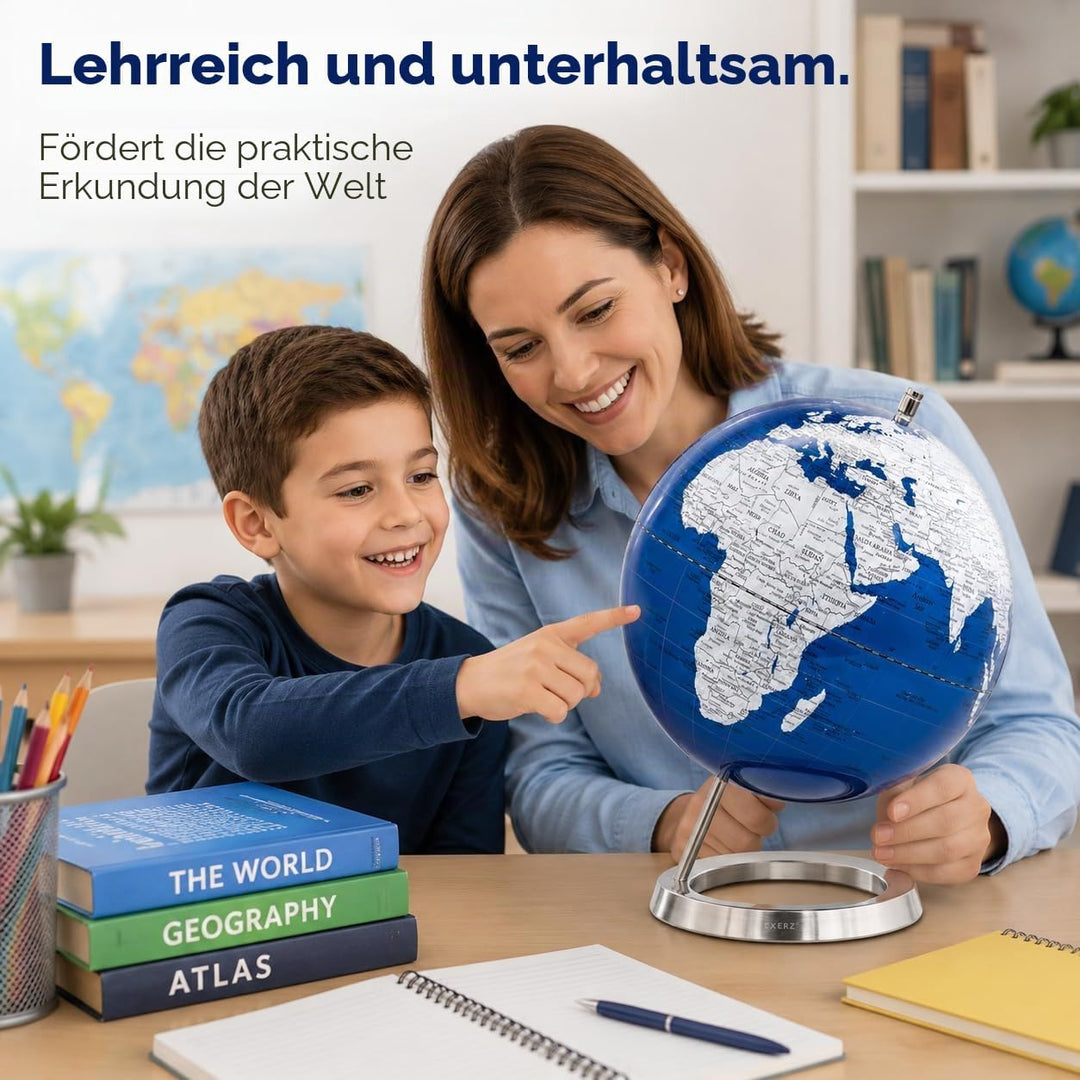 EXERZ Schülerglobus 25cm Globus Metallisches Blau mit einem Rostfreier Stahl in Englischer Sprache -