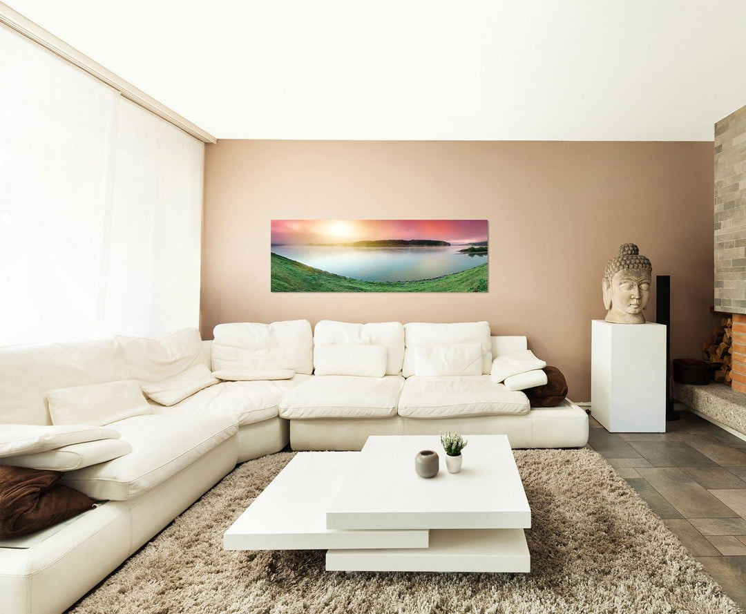 Paul Sinus Art Panoramabild auf Leinwand und Keilrahmen 150x50cm Sonnenaufgang Fluss Wiese Landschaf
