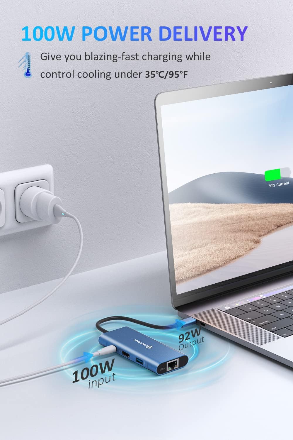 USB C Hub, UtechSmart 6 in 1 USB C zu HDMI Adapter mit 1000M Ethernet, PD 100W Ladeanschluss, 3 USB
