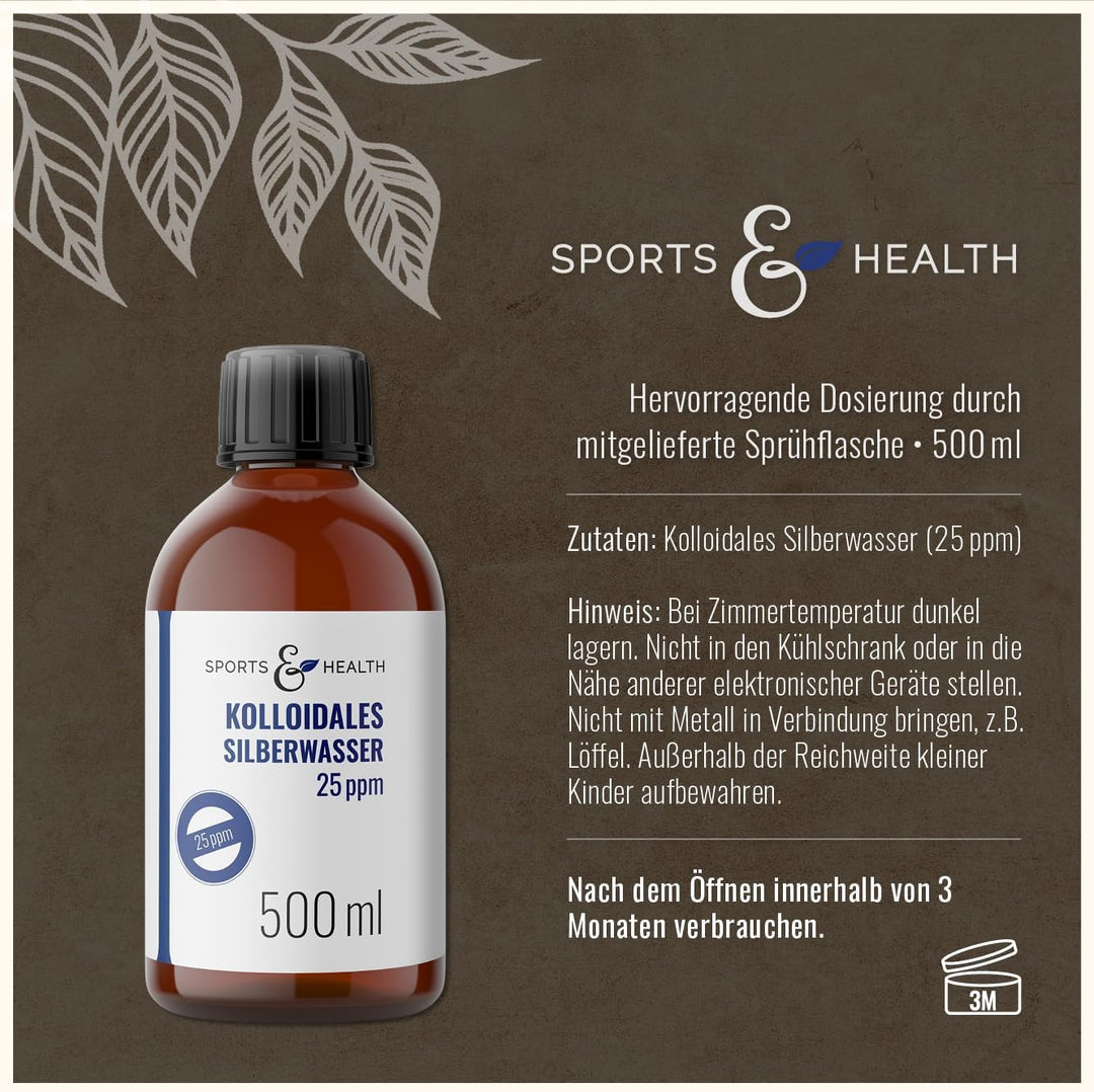 Kolloidales Silber - 25ppm Silber + Extra Sprühflasche – 500 ml Braunglasflasche – Made in Germany (