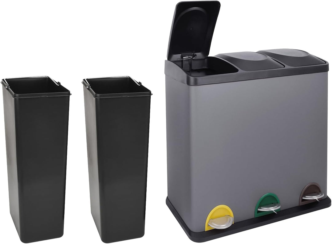 SVITA TC3X20 Treteimer 60 Liter Grau 3x20L Edelstahl dreifach XXL Abfalleimer 3er-Mülleimer Mülltren
