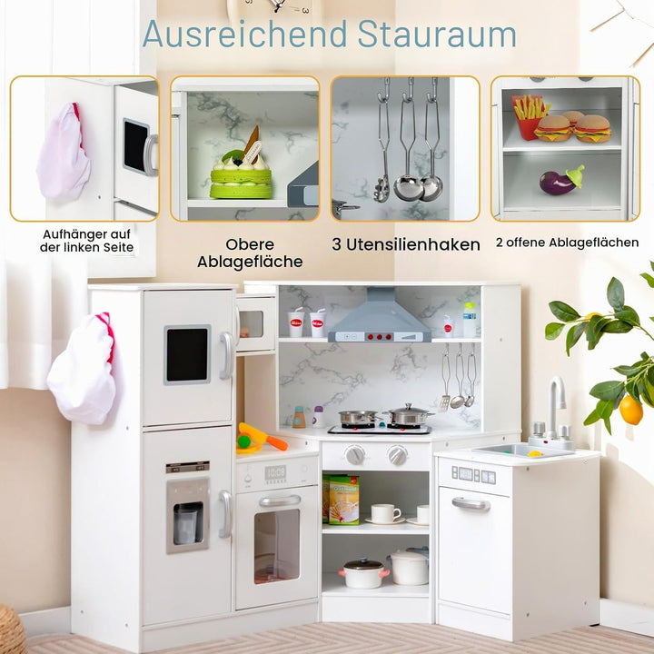 HOMASIS Eck Kinderküche Holz, Spielküche mit Licht, Sound &amp; Dampf, inkl. 16 Zubehör, Spielzeugküche