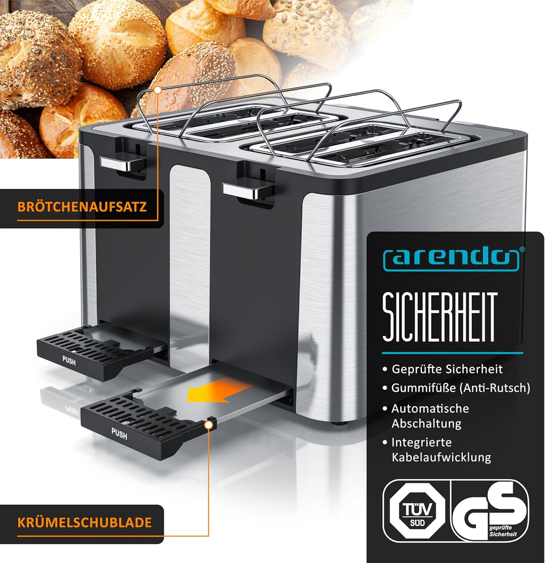 Arendo - Toaster 4 Scheiben Edelstahl - mit Brötchenaufsatz - 4 Schlitze - LED Anzeige Restzeitanzei