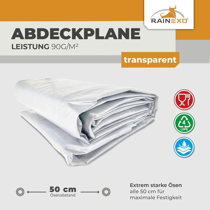 Rainexo Abdeckplane Transparent 4x6m; Stärke: 90g/m² - min. 3 Jahre UV Beständig Transparent 4 x 6 m