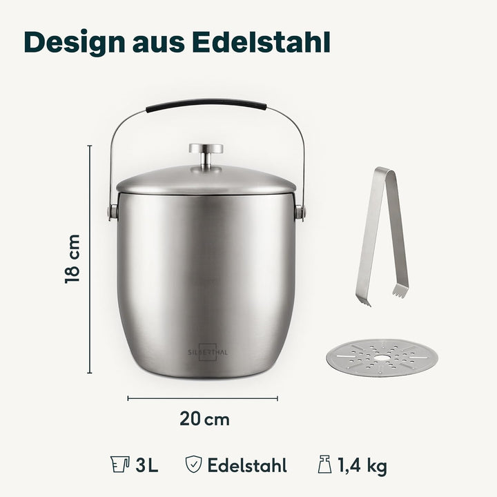 SILBERTHAL Weinkühler Edelstahl & Eiswürfelbehälter 3l mit Deckel und Zange - Flaschenkühler Set - m