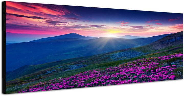 Paul Sinus Art Panoramabild auf Leinwand und Keilrahmen 120x40cm Ukraine Berge Wiese Blumen Abendrot