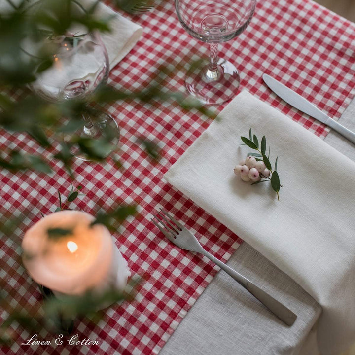 Linen & Cotton Tischläufer Stoff Tischdekoration Tischwäsche Estella - 100% Leinen, Weiss Weiss Rot