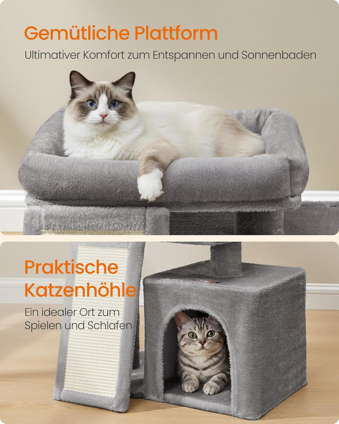Feandrea Kratzbaum klein, Katzenbaum mit Kratzrampe und grosser Plattform, Katzenkratzbaum mit Höhle
