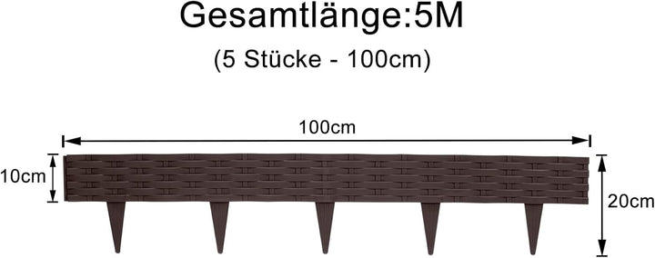 YUENFONG 5m Beeteinfassung Rasenkante Biegbarer Beetumrandungen Kunststoff Rasenkanten, Rattan-Optik