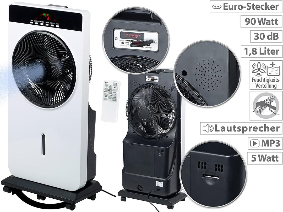 Sichler Haushaltsgeräte Kühlender Ventilator: Sprühnebel-Standventilator, Anti-Insekten, MP3-Player,