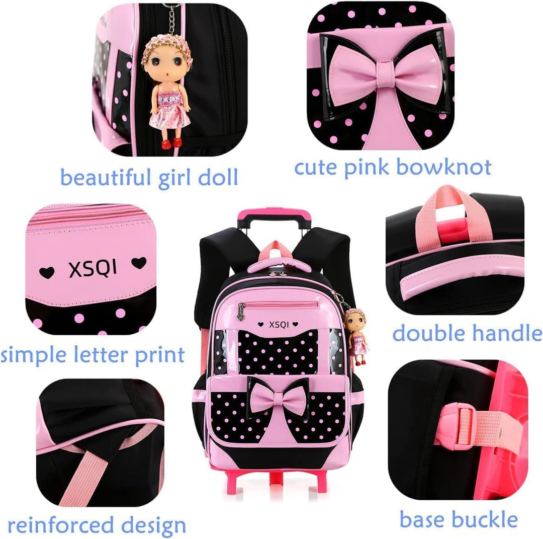 6-Räder Trolley-Rucksack für Mädchen und Kinder Schultasche für Grundschule Schwarz, 42x30x20cm 0108
