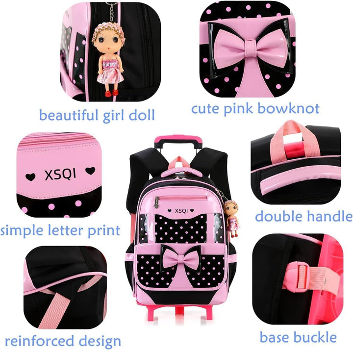 6-Räder Trolley-Rucksack für Mädchen und Kinder Schultasche für Grundschule Schwarz, 42x30x20cm 0108