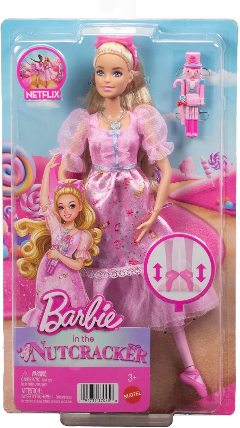 Barbie im Nussknacker Clara Ballerina-Puppe im rosa Satinkleid mit Puffärmeln, beweglichen Knöcheln