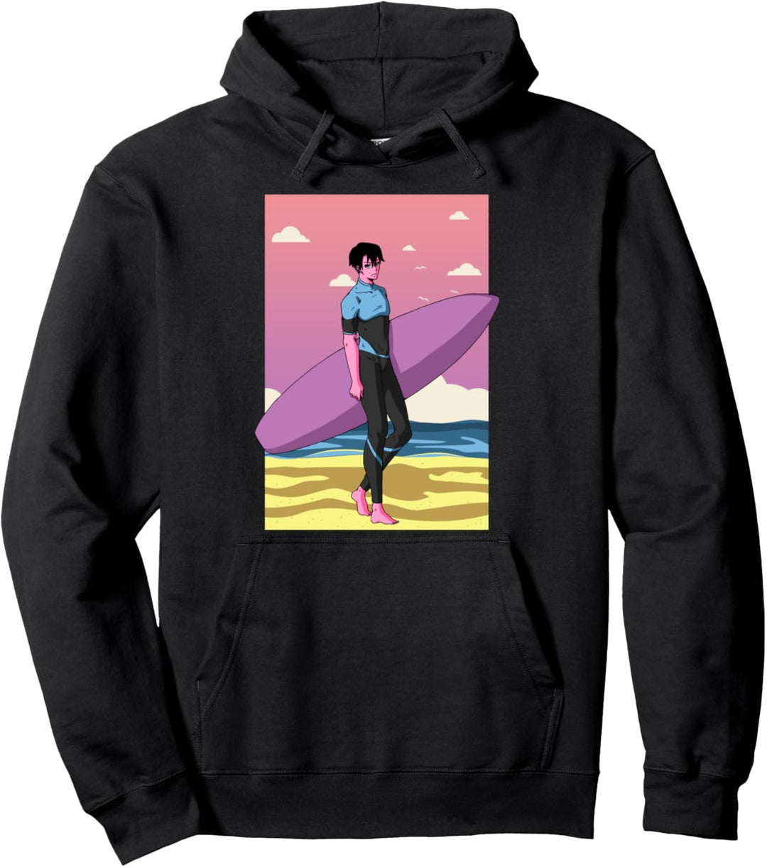 Surfer Anime Boy Vaporwave Surfbrett Rash Guard Surfen Pullover Hoodie