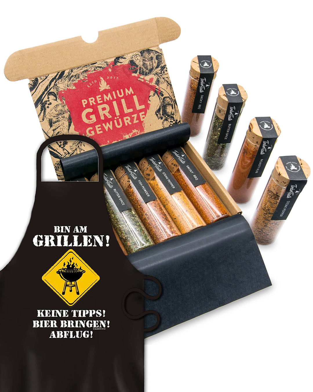 TIMBER TASTE® Grillschürze Männer + 5 BBQ Gewürze Geschenkset - BBQ Schürze & Grill Schürze Gewürze