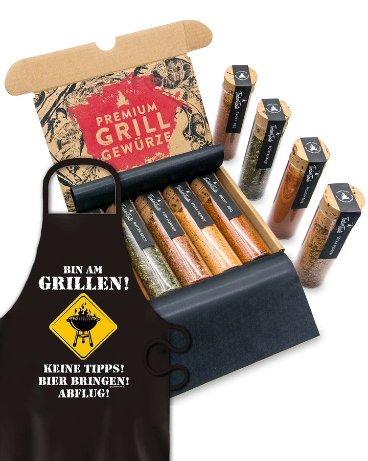 TIMBER TASTE® Grillschürze Männer + 5 BBQ Gewürze Geschenkset - BBQ Schürze & Grill Schürze Gewürze