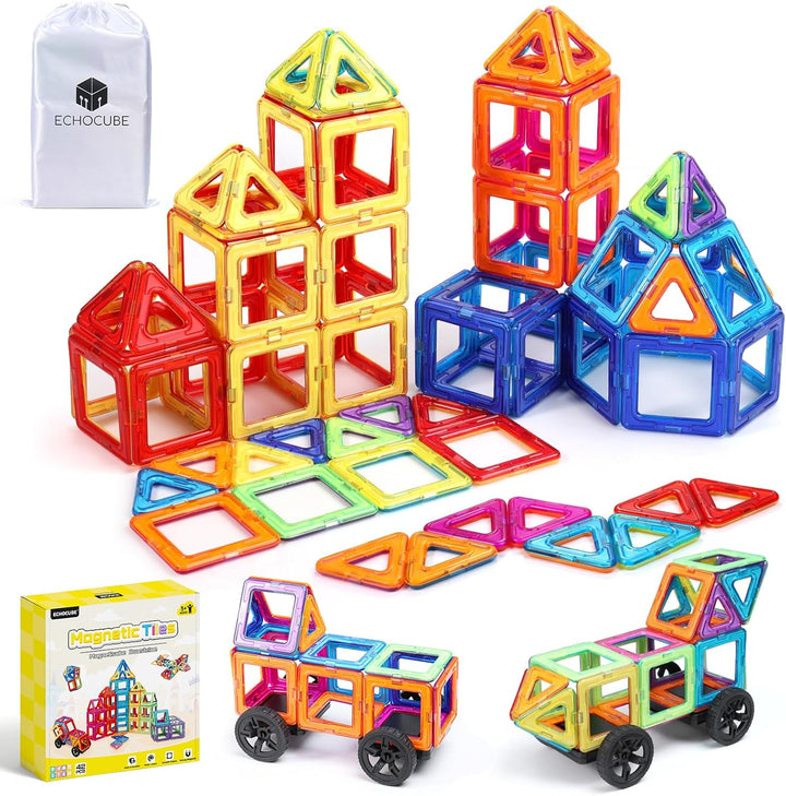 ECHOCUBE 42 Stück Magnetische Bauklötze Set, STEM Construction Spielzeug für Kinder 36+ Monate, Educ